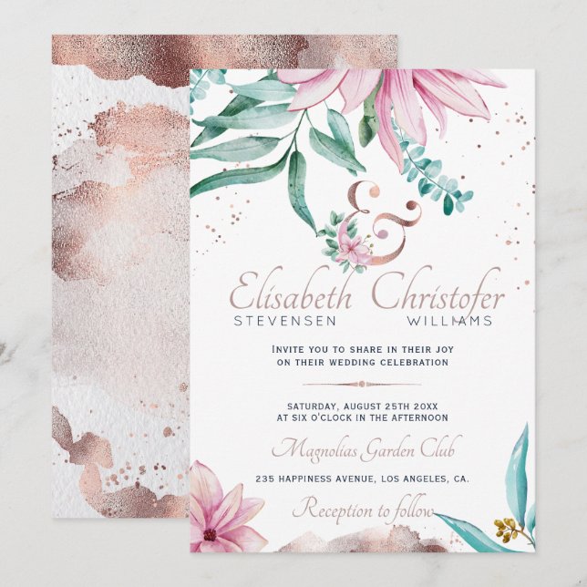 Watercolor Spring Pink Floral Rose Gold Ampersand Invitation (Front/Back)