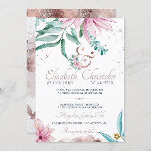 Watercolor Spring Pink Floral Rose Gold Ampersand Invitation