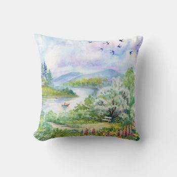 Watercolor Spring Scene Throw Pillow by FantasyPillows at Zazzle