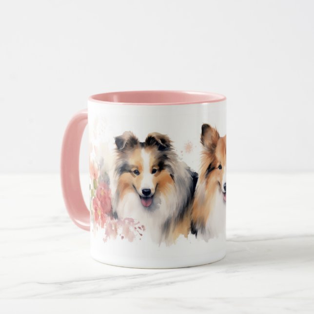 Watercolor Spring Shelties Mug (Front Left)