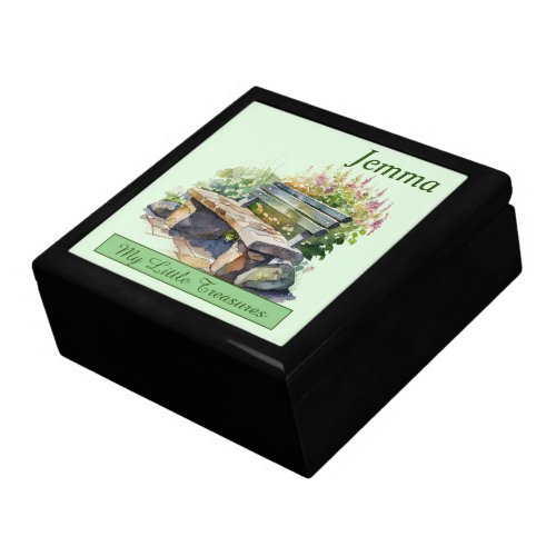 Watercolor Spring Stone Bench scene Gift Box