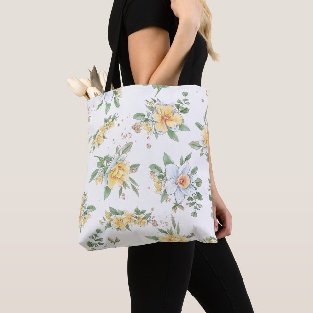 Watercolor Spring Sunflowers & Daisies Design Tote Bag (Close Up)