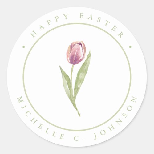 Watercolor Spring Tulip Flower Happy Easter Classic Round Sticker