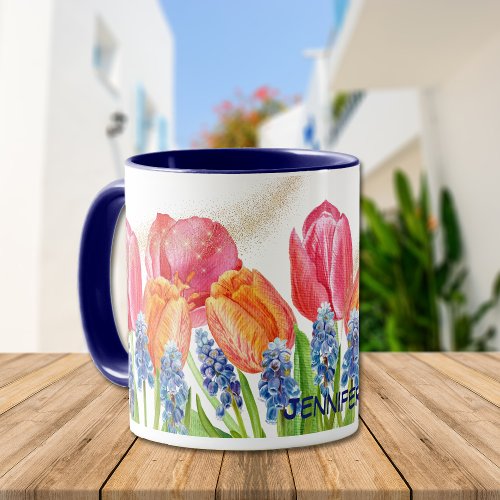 Watercolor Spring Tulips and Flowers Glitter Mug