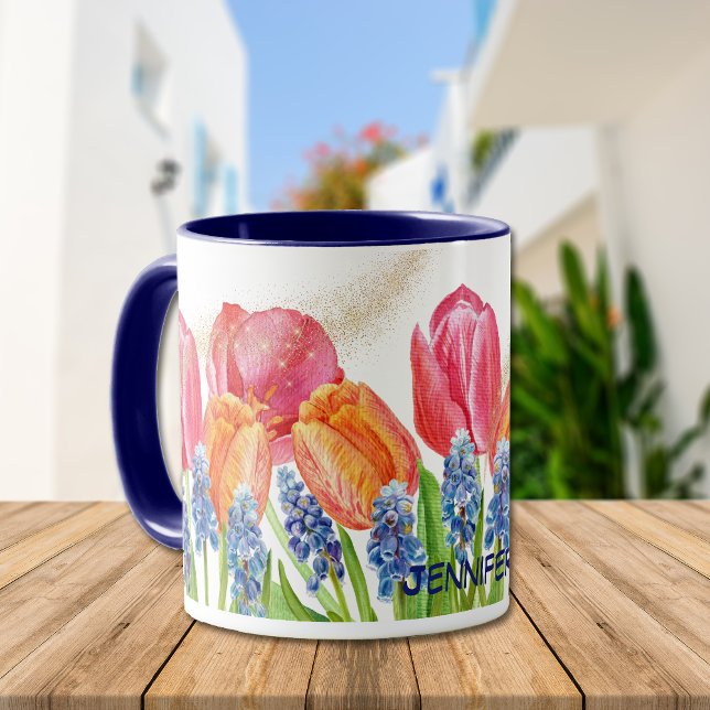Watercolor Spring Tulips and Flowers Glitter Mug (Creator Uploaded)