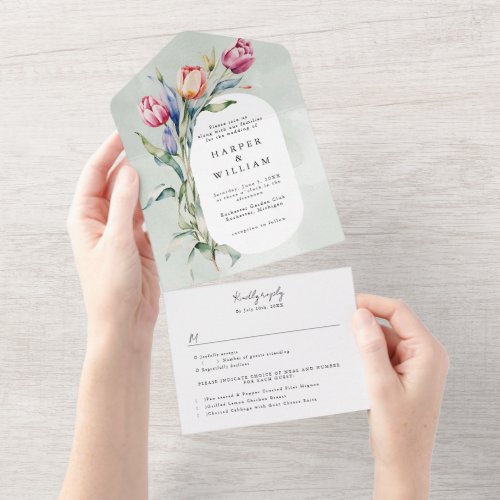 watercolor spring tulips rsvp attached wedding all in one invitation