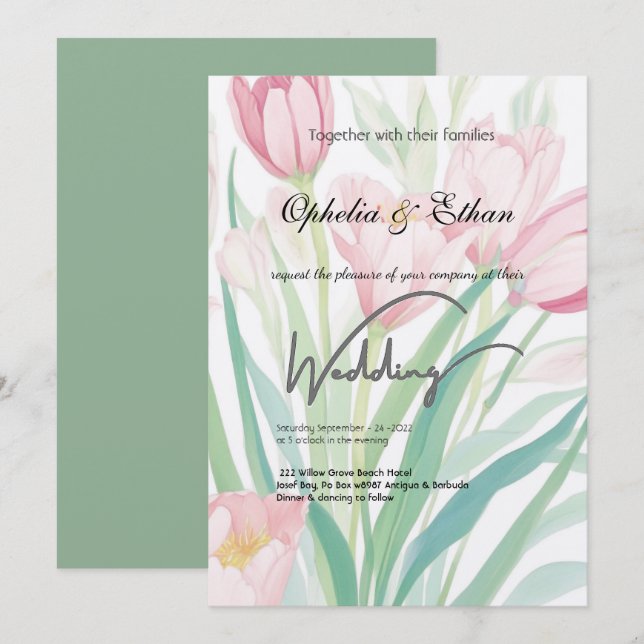 Watercolor Spring Tulips, Wedding Invitation (Front/Back)