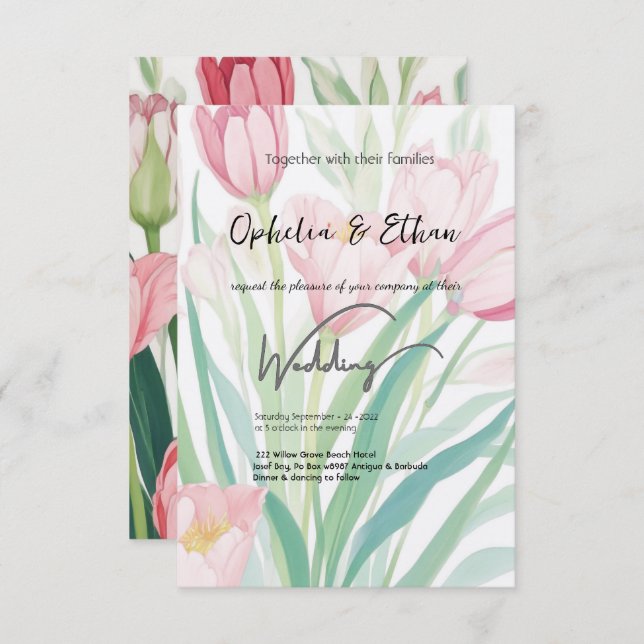 Watercolor Spring Tulips, Wedding Invitation (Front/Back)