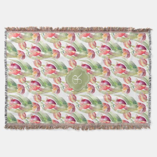 Watercolor Spring Tulips with Custom Monogram Throw Blanket