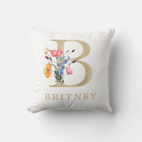 Watercolor Spring Wildflower Faux Gold Letter B  Throw Pillow