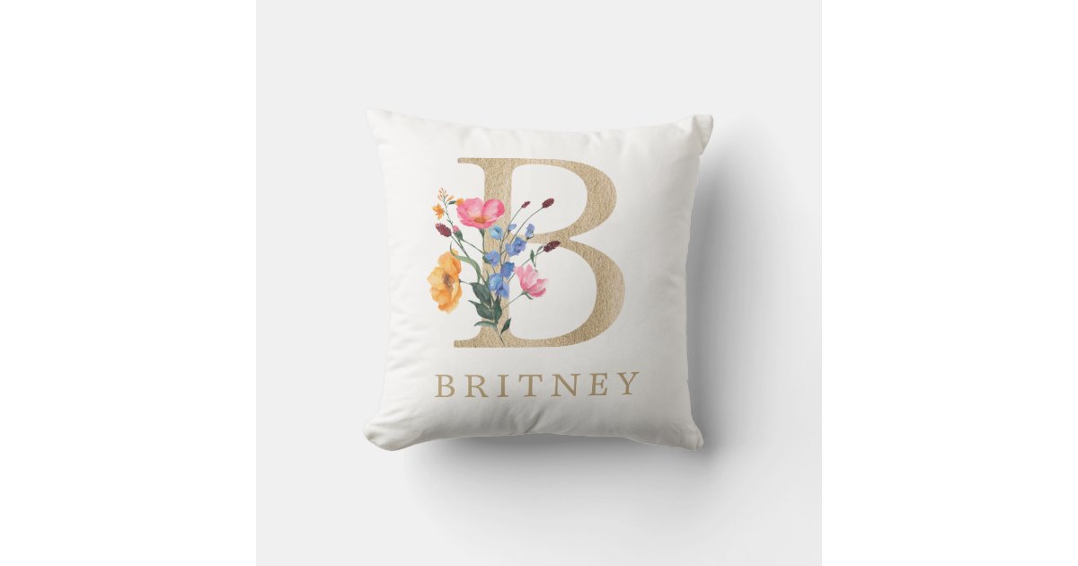 Watercolor Spring Wildflower Faux Gold Letter "B" Throw Pillow Zazzle