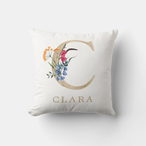 Watercolor Spring Wildflower Faux Gold Letter C Throw Pillow