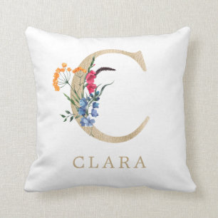 Watercolor Spring Wildflower Faux Gold Letter "C" Throw Pillow