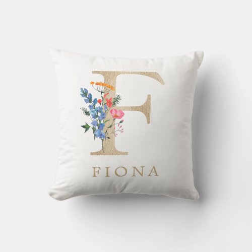 Watercolor Spring Wildflower Faux Gold Letter F Throw Pillow