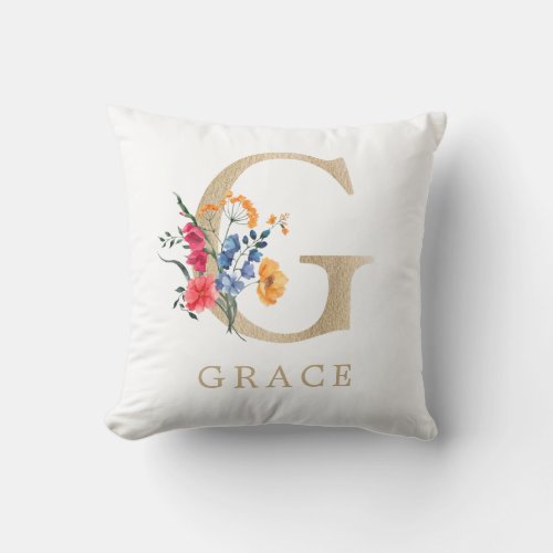 Watercolor Spring Wildflower Faux Gold Letter G Throw Pillow