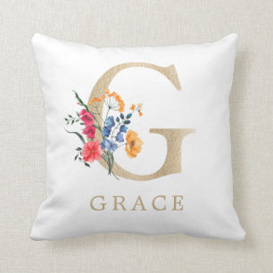 Watercolor Spring Wildflower Faux Gold Letter "G" Throw Pillow