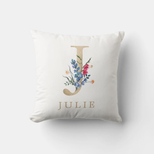 Watercolor Spring Wildflower Faux Gold Letter J Throw Pillow