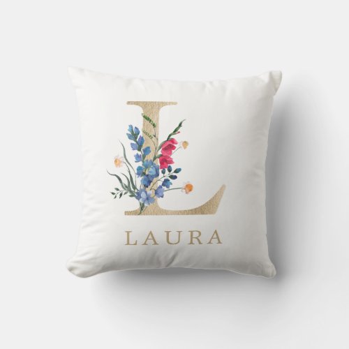 Watercolor Spring Wildflower Faux Gold Letter L Throw Pillow