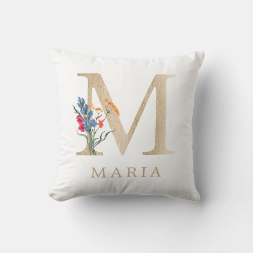 Watercolor Spring Wildflower Faux Gold Letter M Throw Pillow