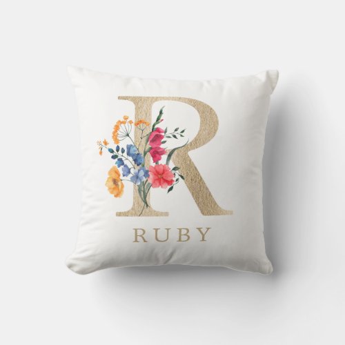 Watercolor Spring Wildflower Faux Gold Letter R Throw Pillow