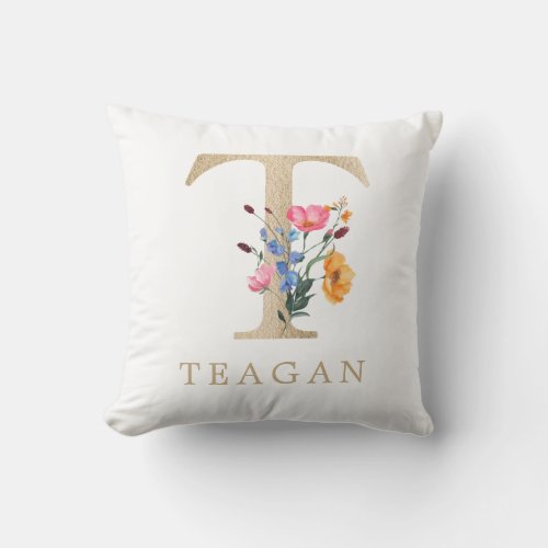 Watercolor Spring Wildflower Faux Gold Letter T Throw Pillow