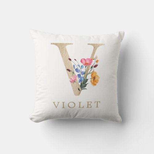 Watercolor Spring Wildflower Faux Gold Letter V Throw Pillow