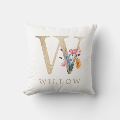 Watercolor Spring Wildflower Faux Gold Letter W Throw Pillow
