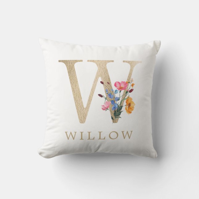 Watercolor Spring Wildflower Faux Gold Letter "W" Throw Pillow (Front)