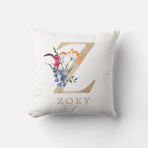 Watercolor Spring Wildflower Faux Gold Letter Z Throw Pillow