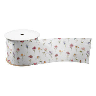 Watercolor Spring Wildflower Pattern Satin Ribbon