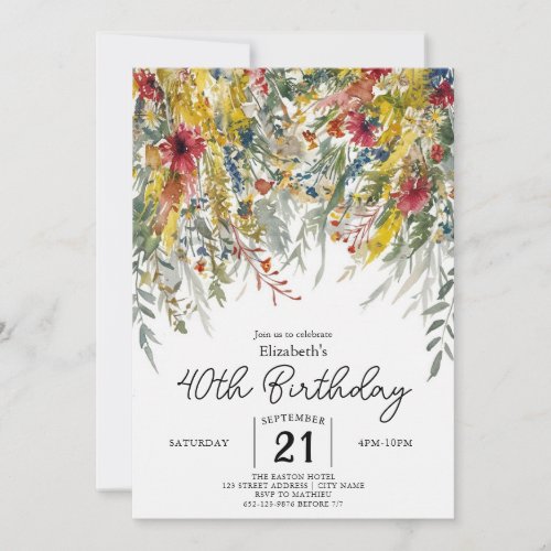 Watercolor Spring Wildflowers 40th birthday Invitation