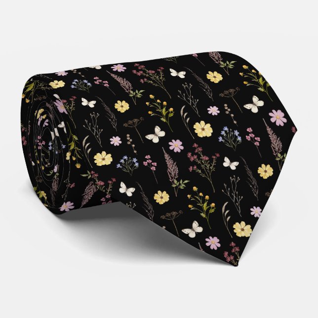 Watercolor Spring Wildflowers Pattern Neck Tie (Rolled)