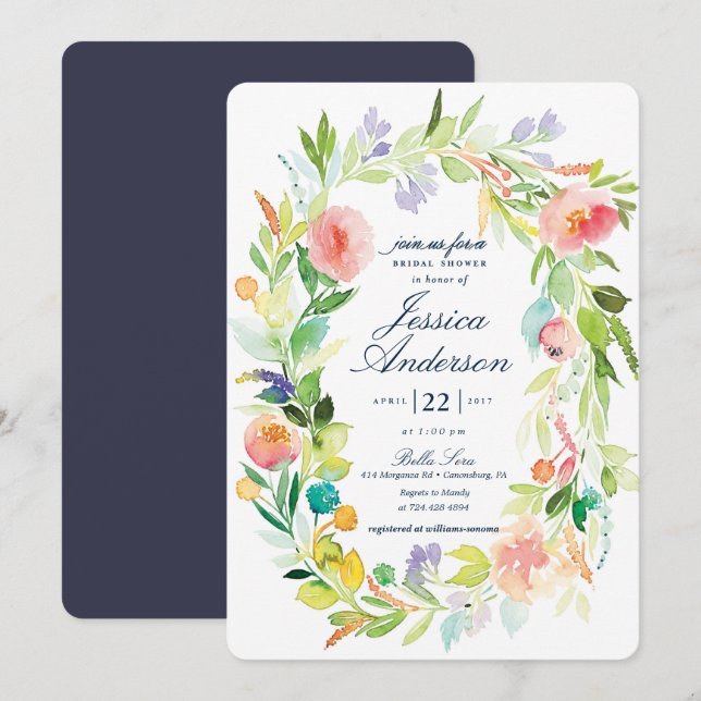 Watercolor Spring Wreath Bridal Shower Invitation (Front/Back)