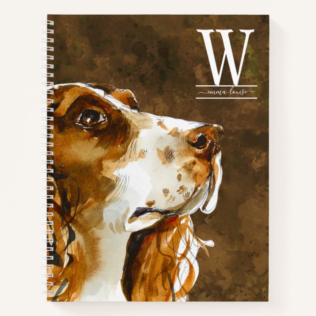 Watercolor Springer Spaniel Modern Monogram Notebook (Front)