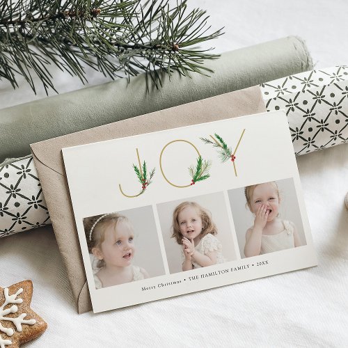 Watercolor Springs Christmas Joy Three Photo Card