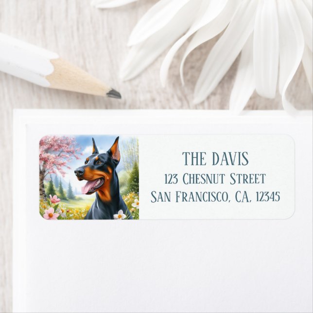 Watercolor Springtime Field of Flowers Doberman - Label (Insitu)