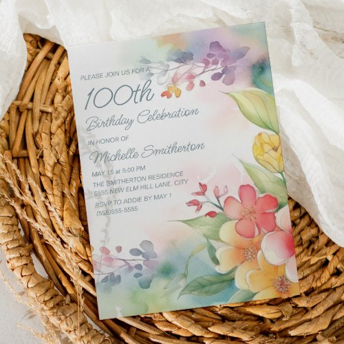 Watercolor Springtime Flowers 100th Birthday Invitation