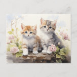 Watercolor Springtime Kittens Pink Geraniums Postcard