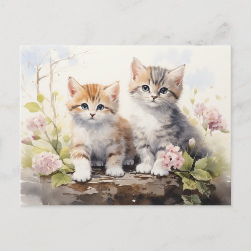 Watercolor Springtime Kittens Pink Geraniums Postcard