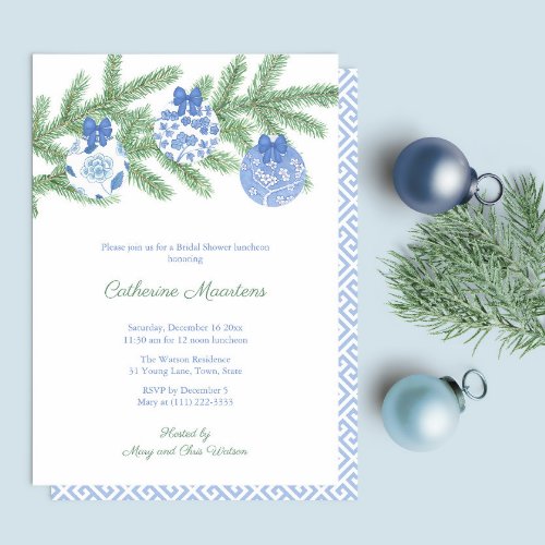 Watercolor Spruce Blue White Baubles Bridal Shower Invitation