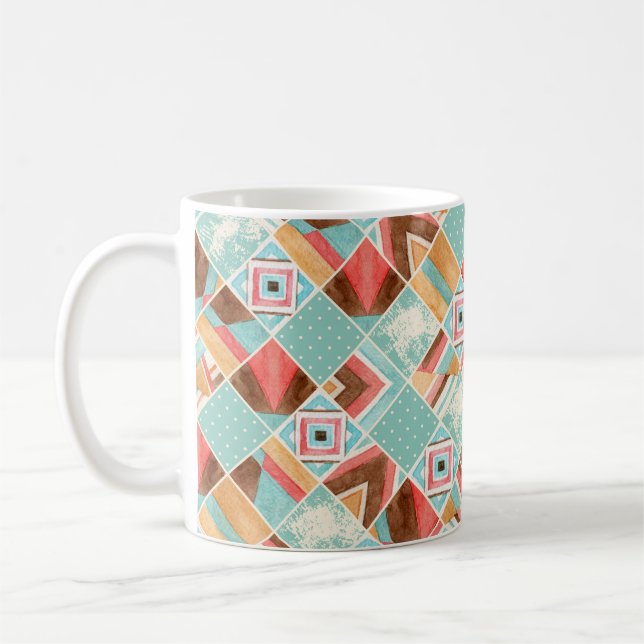 Watercolor square, patchwork geometric background. coffee mug (Left)
