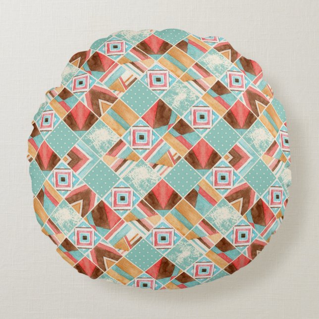 Watercolor square, patchwork geometric background. round pillow (Front)