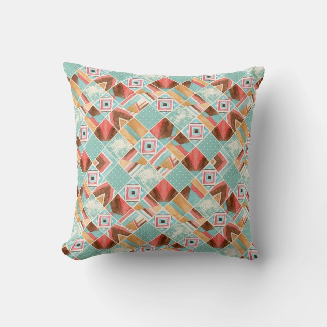 Watercolor square, patchwork geometric background. throw pillow (Front)