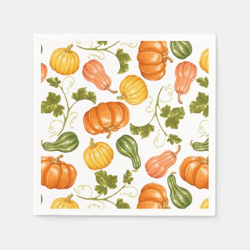 Watercolor Squash Pumpkin and Leaves Pattern Napkins