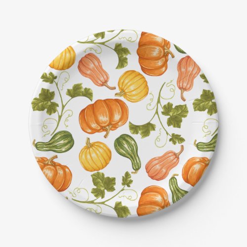 Watercolor Squash Pumpkin and Leaves Pattern Paper Plates