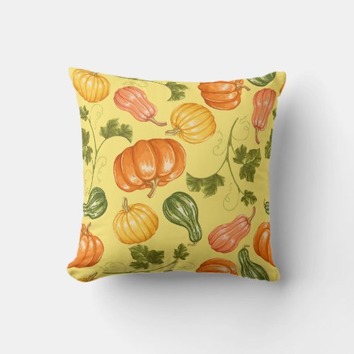 Watercolor Squash Pumpkin and Leaves Pattern Throw Pillow