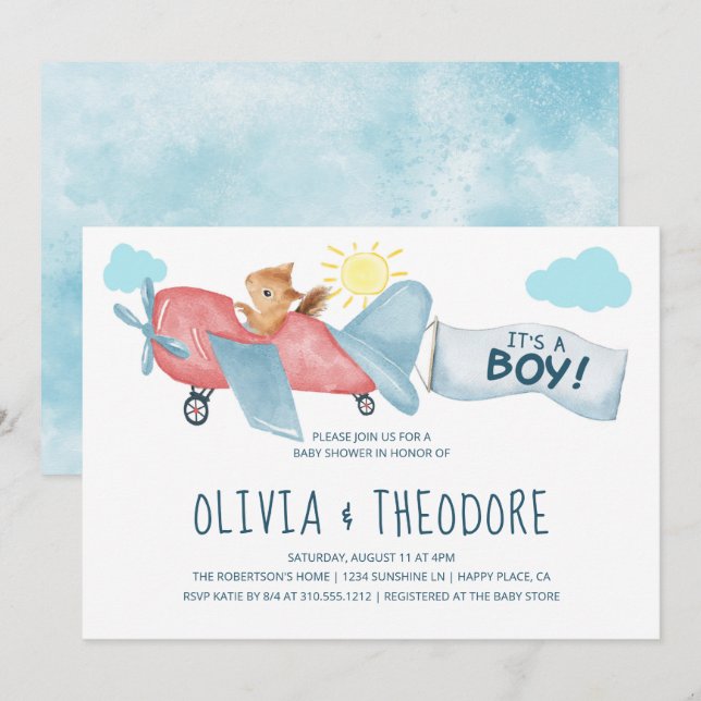 Watercolor Squirrel Airplane Boy Baby Shower Invitation (Front/Back)