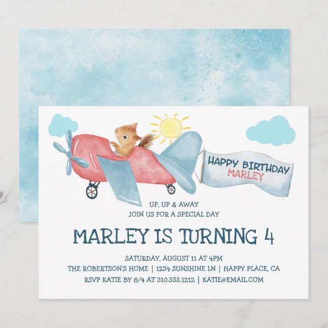 Watercolor Squirrel Airplane Up & Away Birthday Invitation (Front/Back)