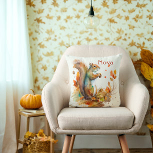 Watercolor Squirrel fall leaves Throw Pillow