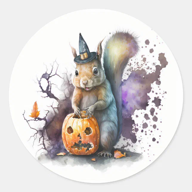Watercolor Squirrel Halloween Classic Round Sticker | Zazzle